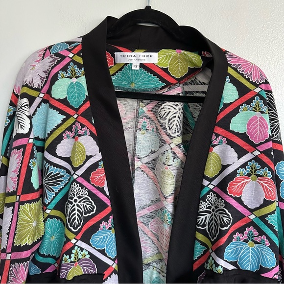 Trina Turk Maximalist Silk Linen Blend Bold Vibrant Flower Kimono Jacket 12 - Picture 3 of 7